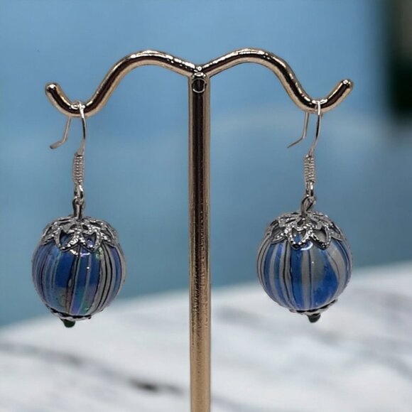 Pierced Earrings Blue Striped Art Glass Bead Dangle Silver Cap Fishhook - Picture 1 of 5